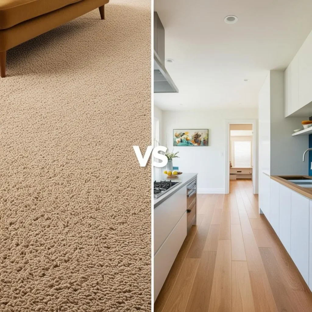 Split image showing beige carpet and light wood vinyl flooring in modern kitchen