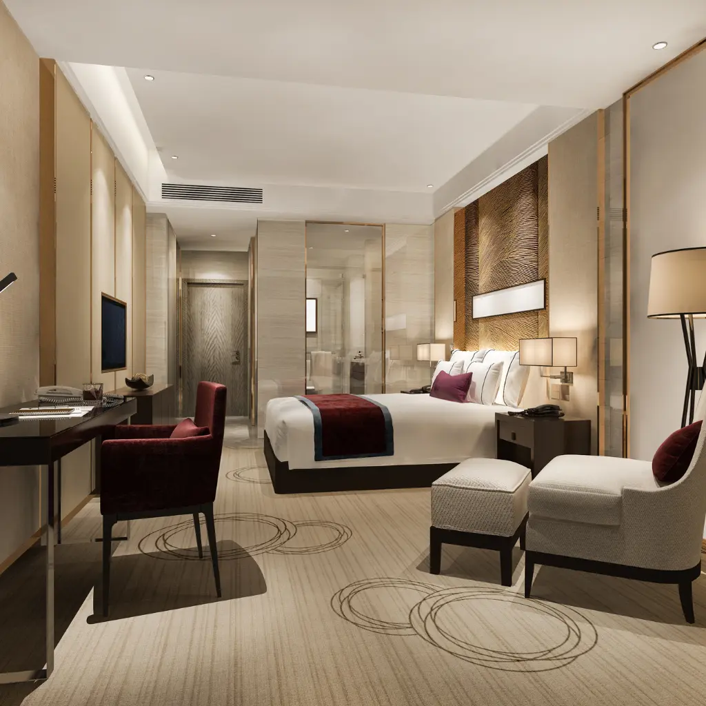Modern hotel-style bedroom with patterned beige carpet flooring