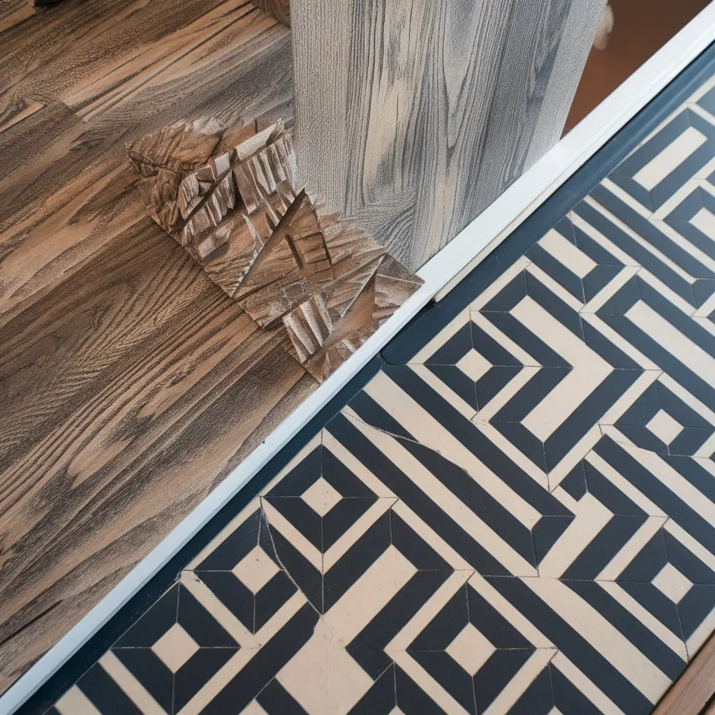 Close-up of laminate wood flooring meeting patterned tile flooring at doorway threshold