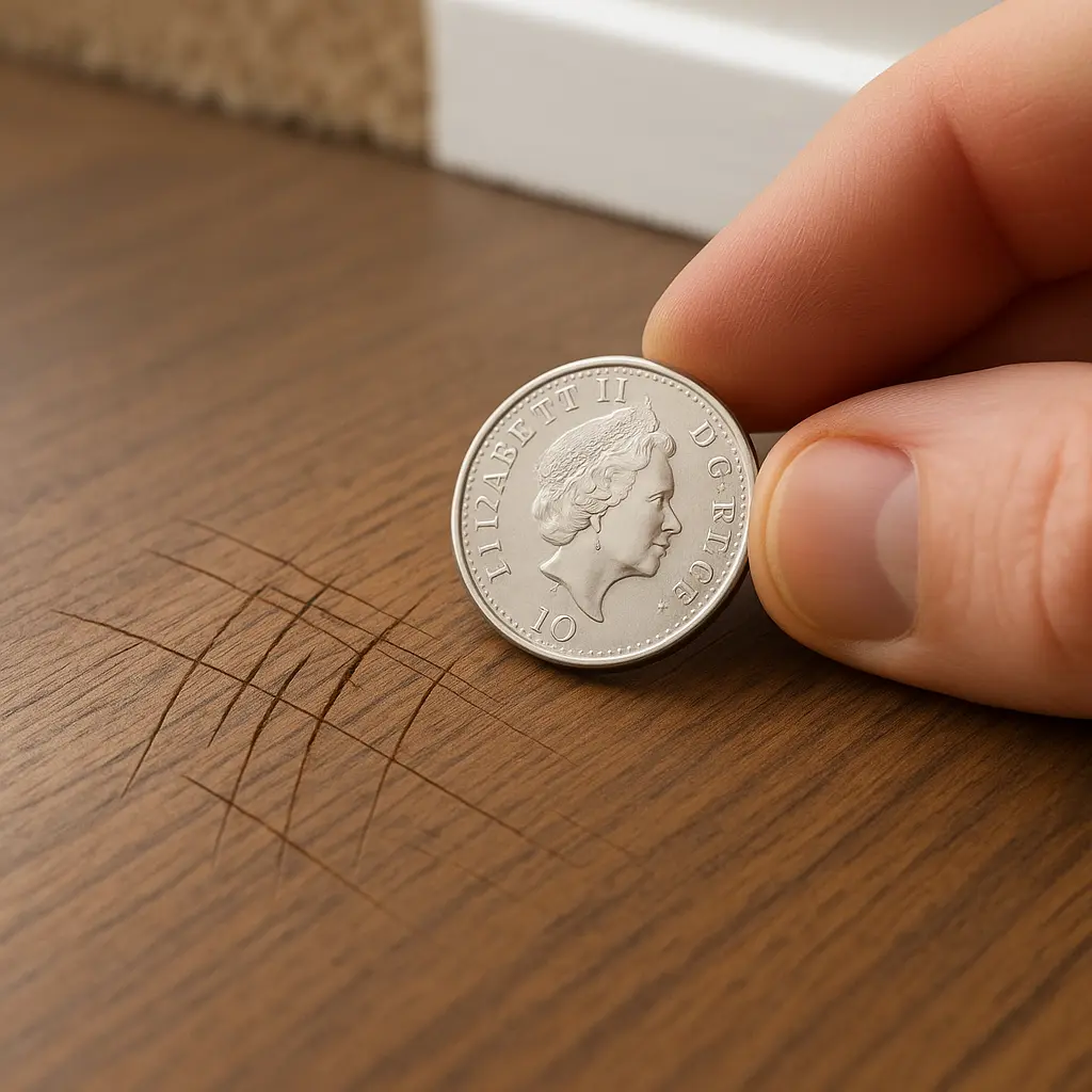 Hand holding coin against scratched wooden floor surface