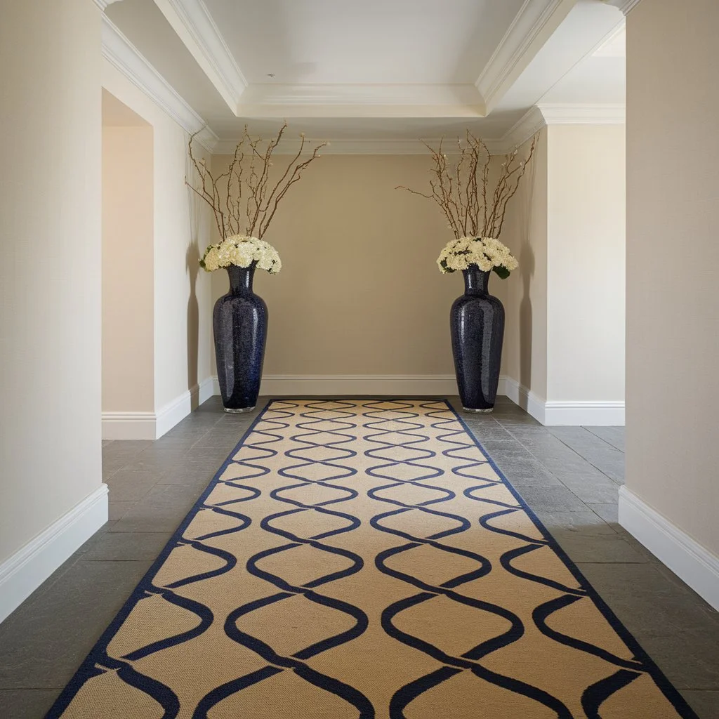 Neutral hallway with beige patterned runner and two tall blue vases with floral arrangements