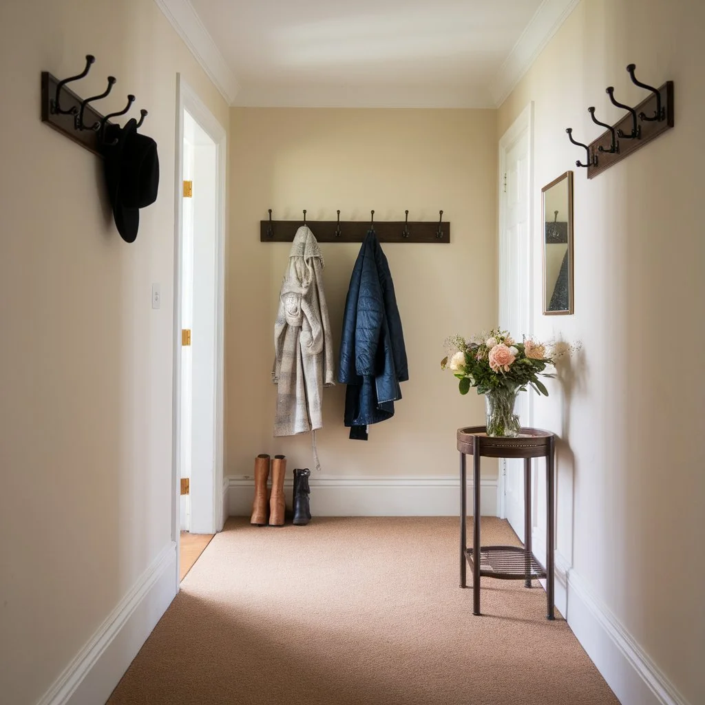 Narrow hallway with beige carpet, wall-mounted coat hooks and small side table with flowers