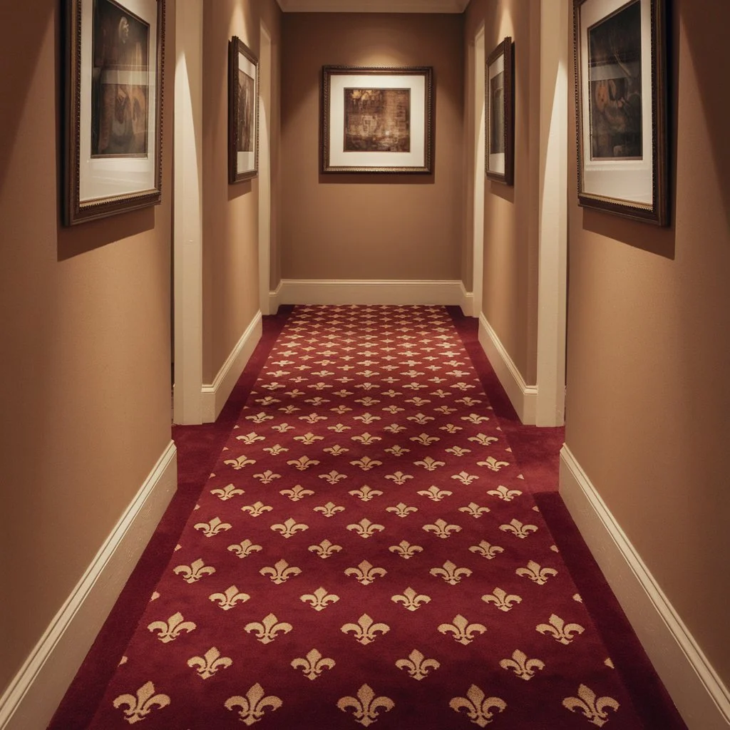 Hallway with red carpet featuring gold pattern and framed artwork on both walls