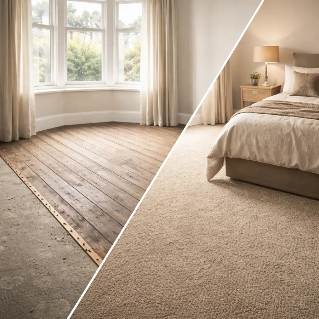Before and after split view of a bedroom floor: bare old floorboards replaced with beige carpet