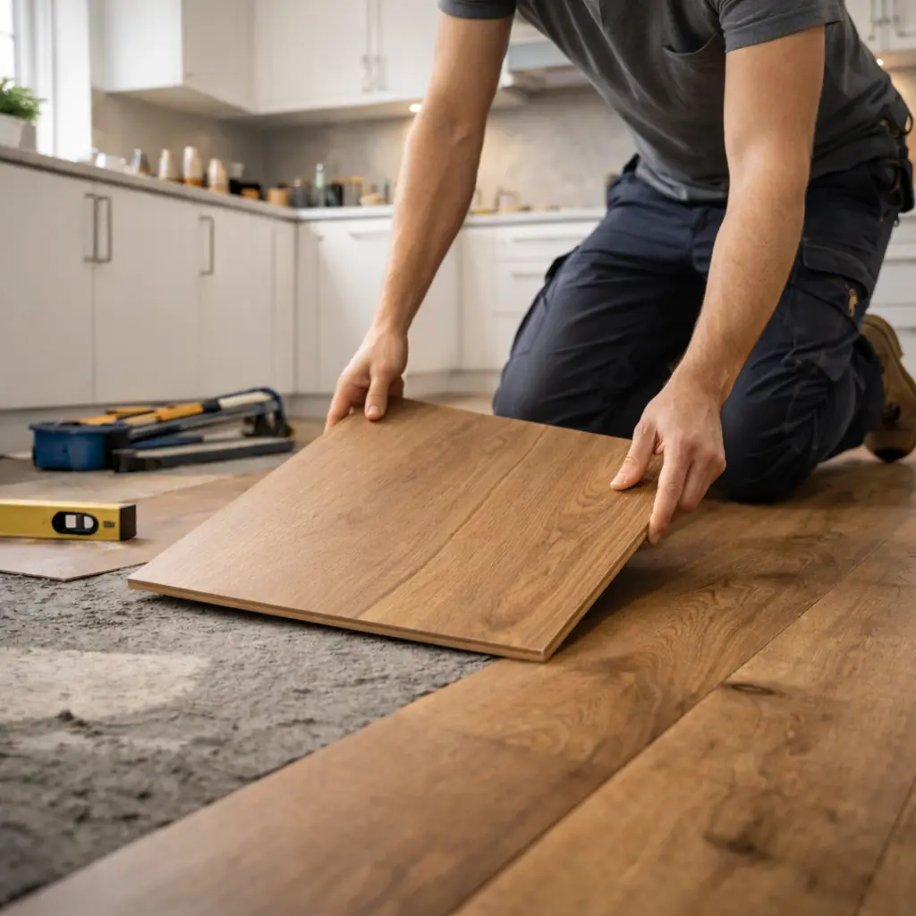 Close-up of a tradesperson fitting an oak hardwood plank onto a concrete kitchen floor with tools