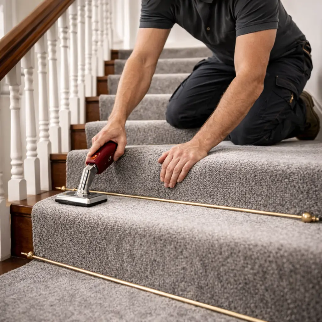 Installer fitting grey carpet on stairs with brass rods using a knee kicker tool
