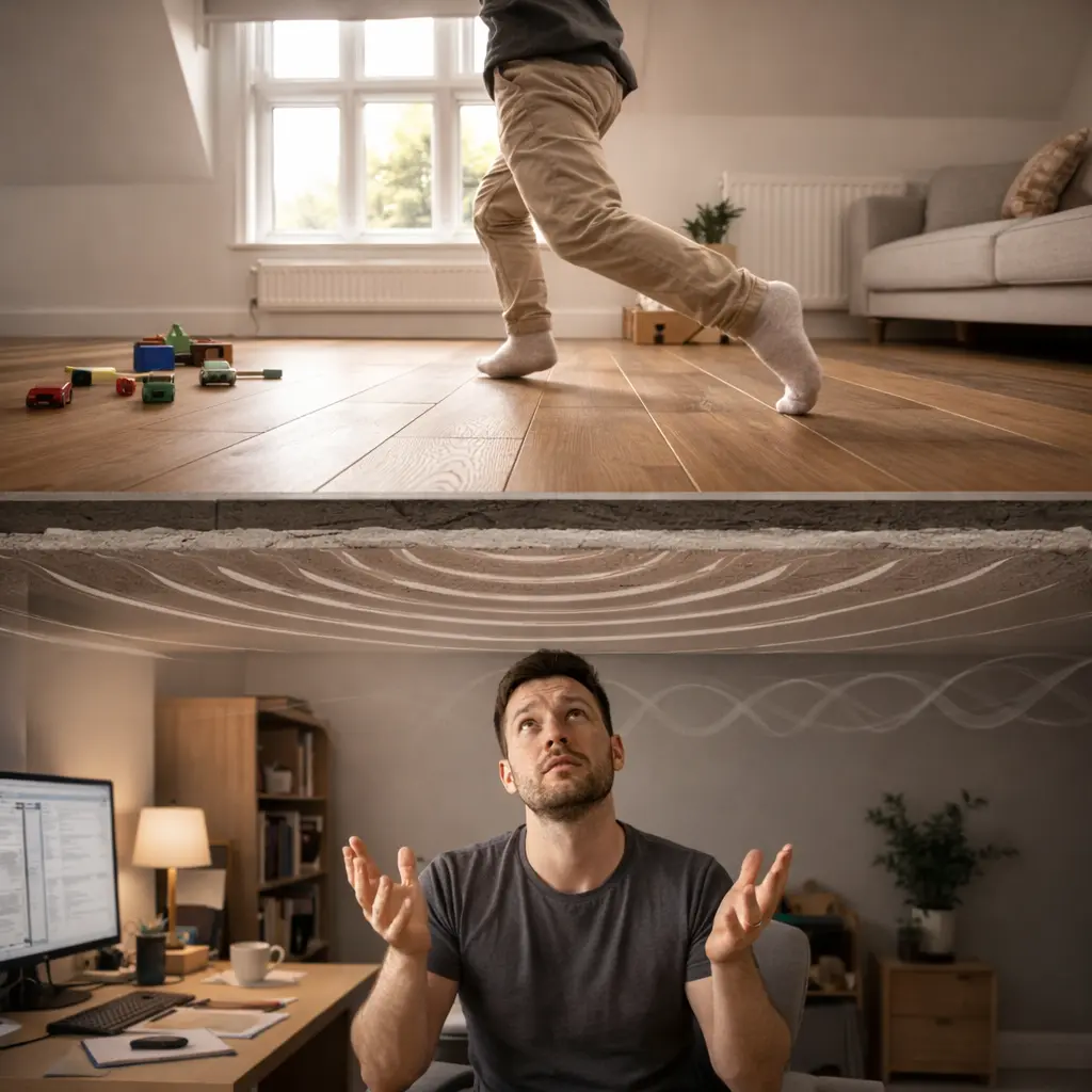 Split view: child running on upstairs hardwood floor above a frustrated man disturbed by the noise