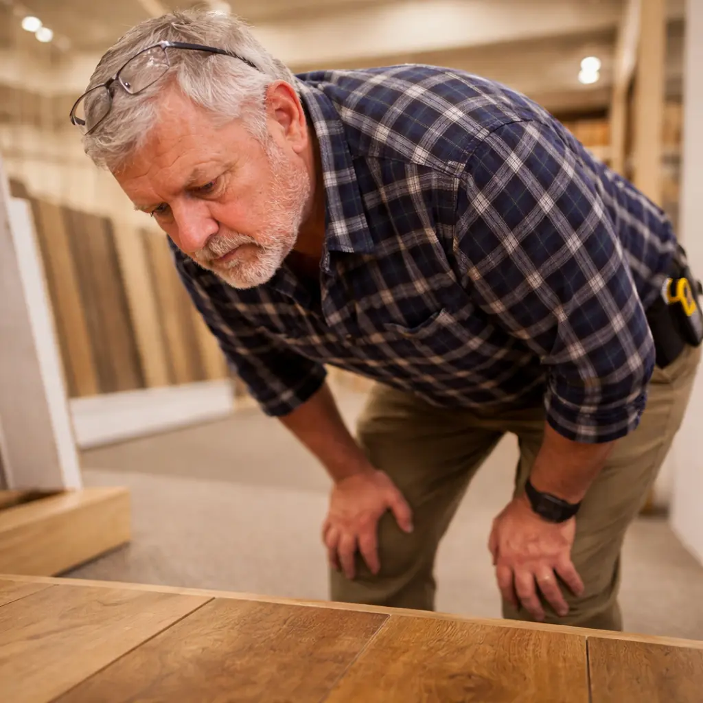 Older man leaning down to closely examine hardwood flooring planks in a flooring store