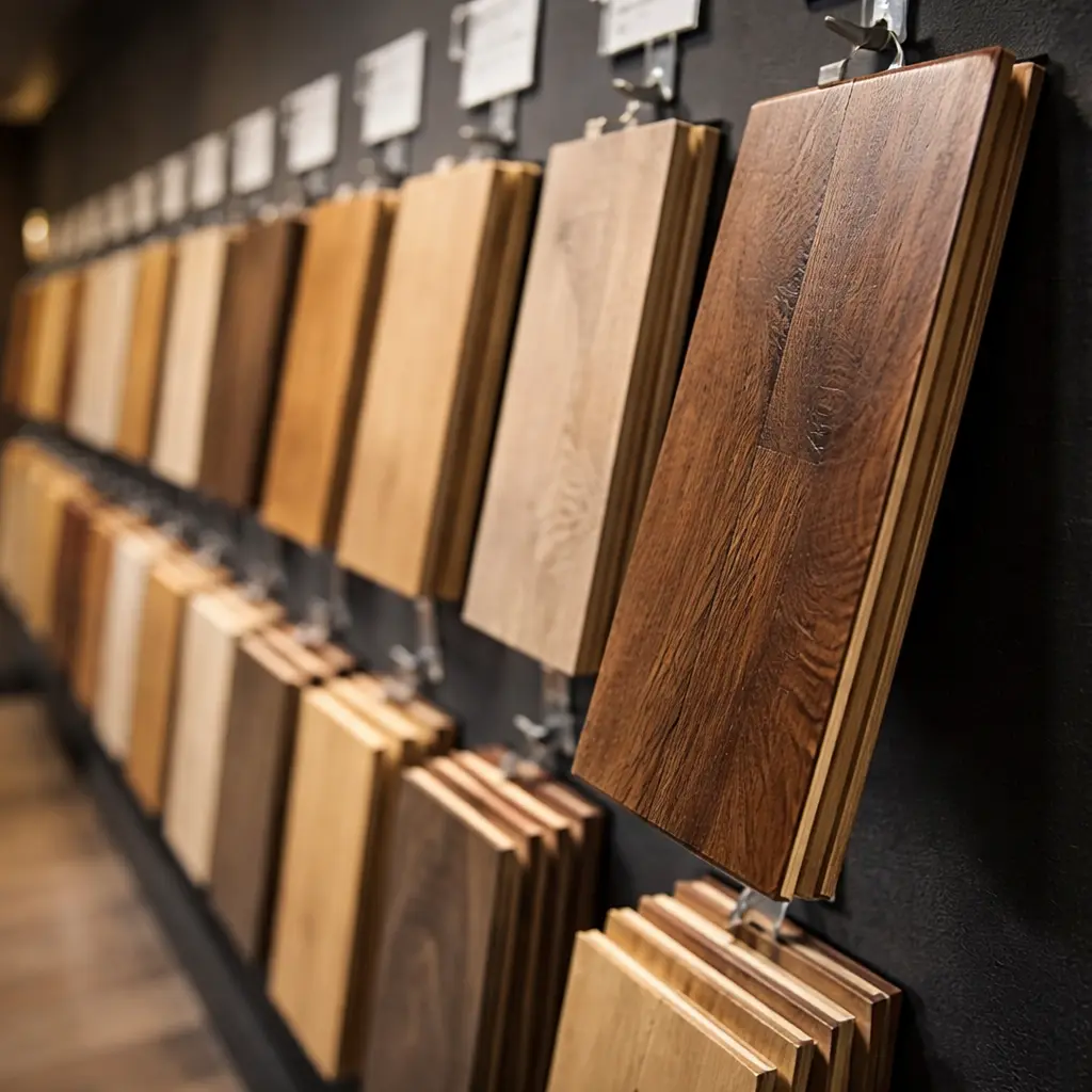 Rows of wood flooring samples in various tones displayed on a dark wall in a showroom