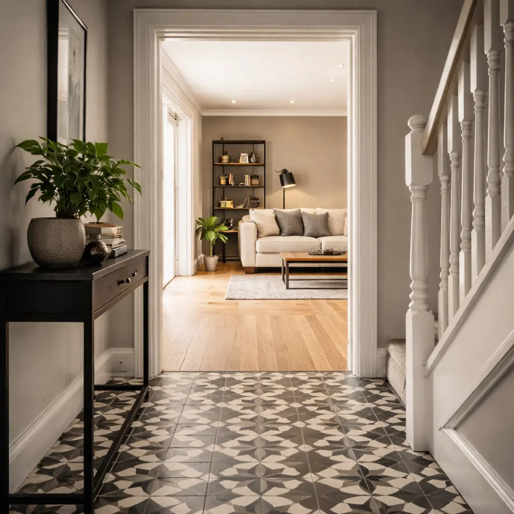 Hallway with monochrome geometric tiles transitioning to light oak hardwood in the living room