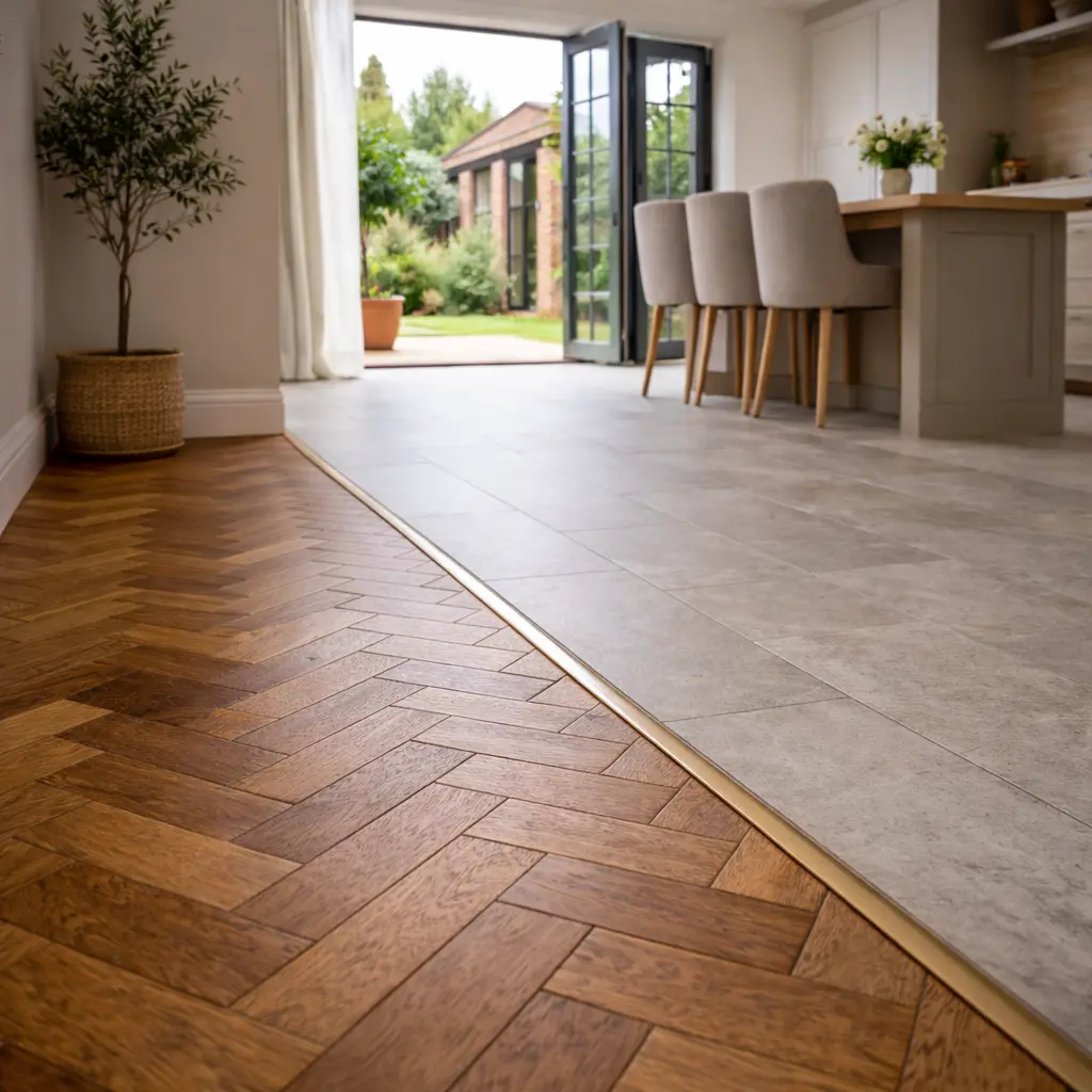 Close-up of a brass threshold strip separating herringbone oak parquet and grey stone-effect tiles