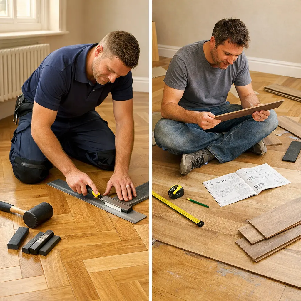 Split image: pro measuring herringbone floor planks; man reviewing flooring installation manual