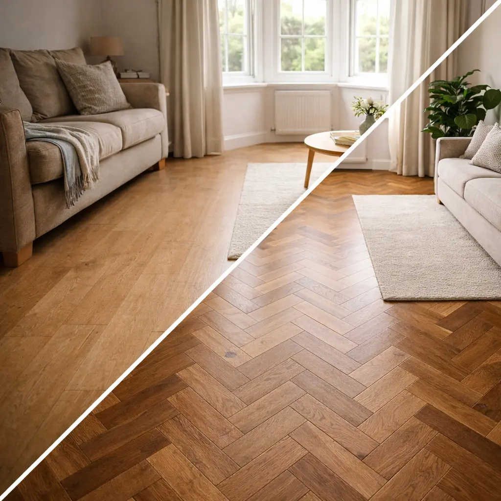 Living room split view comparing straight-lay and herringbone oak hardwood flooring styles