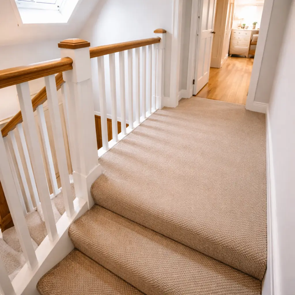 Carpeted staircase and landing area with clean finish and natural light from window above