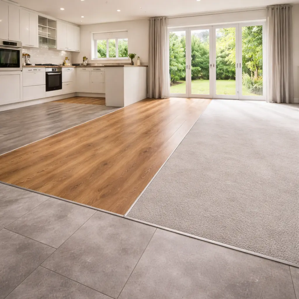 Open plan home showing mixed flooring styles between kitchen, dining and living areas