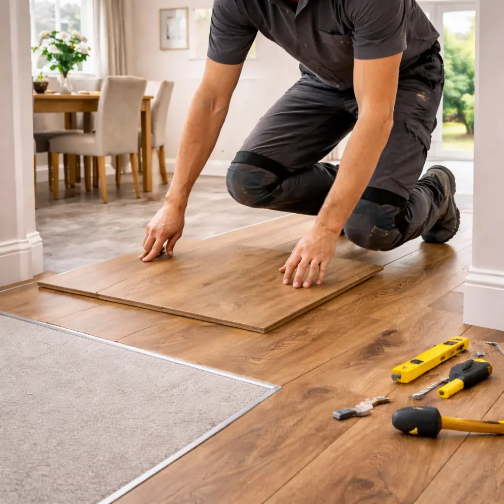 Installer fitting laminate flooring between rooms with tools placed neatly on the floor