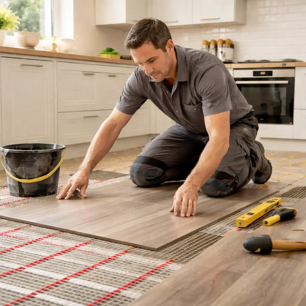 Installer placing flooring panels over underfloor heating system in modern kitchen space