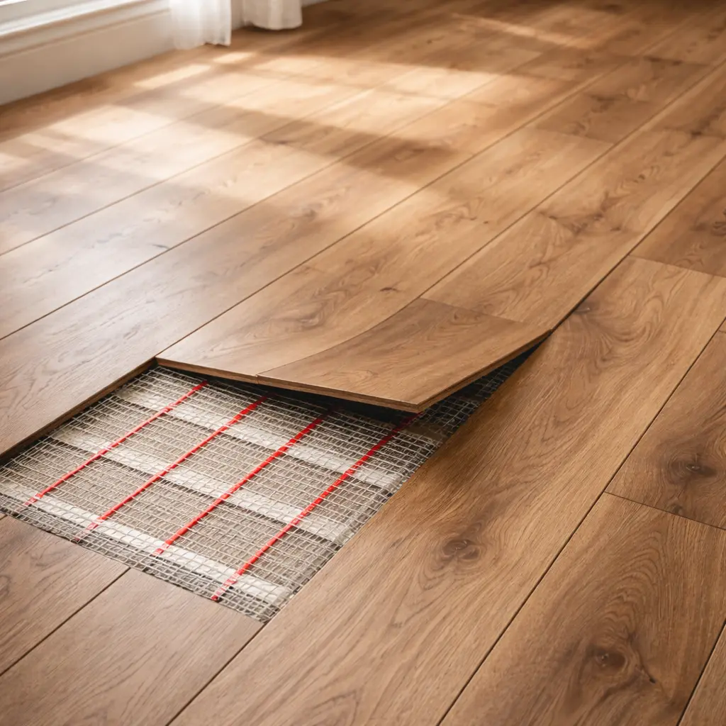 Close up of wooden flooring partially installed over visible underfloor heating system