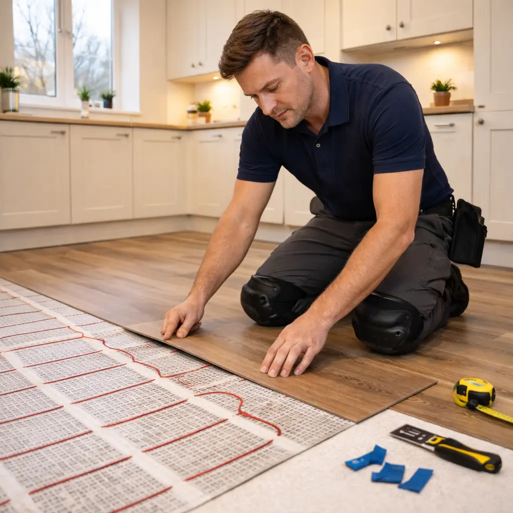 Worker fitting laminate flooring over heating system with tools in a bright kitchen area