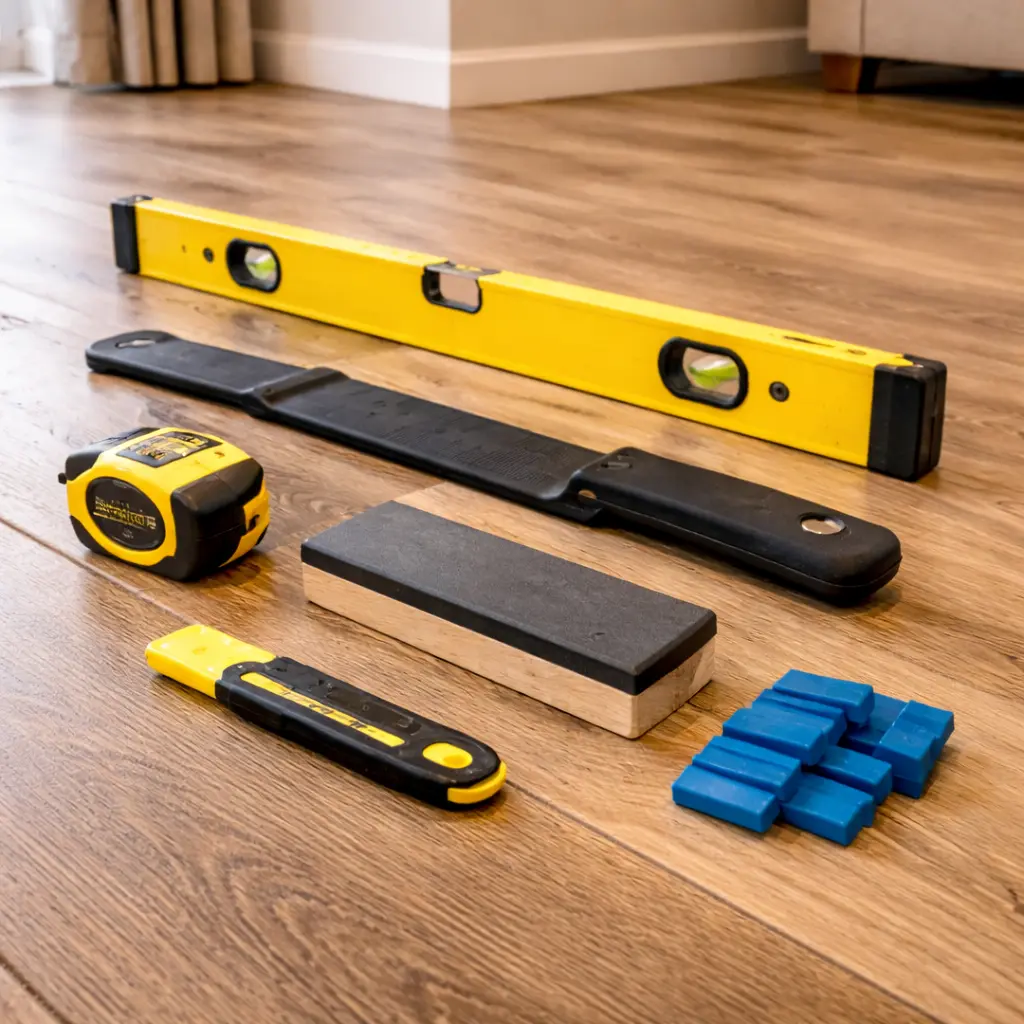 Flooring tools including spirit level, spacers and tape measure arranged on wooden floor surface