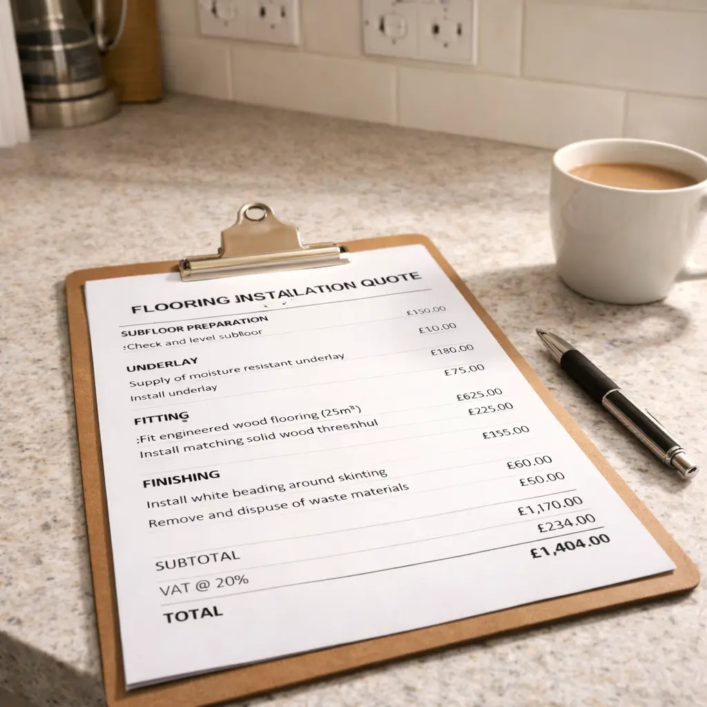 Flooring installation quote on clipboard with costs breakdown beside coffee cup on kitchen worktop
