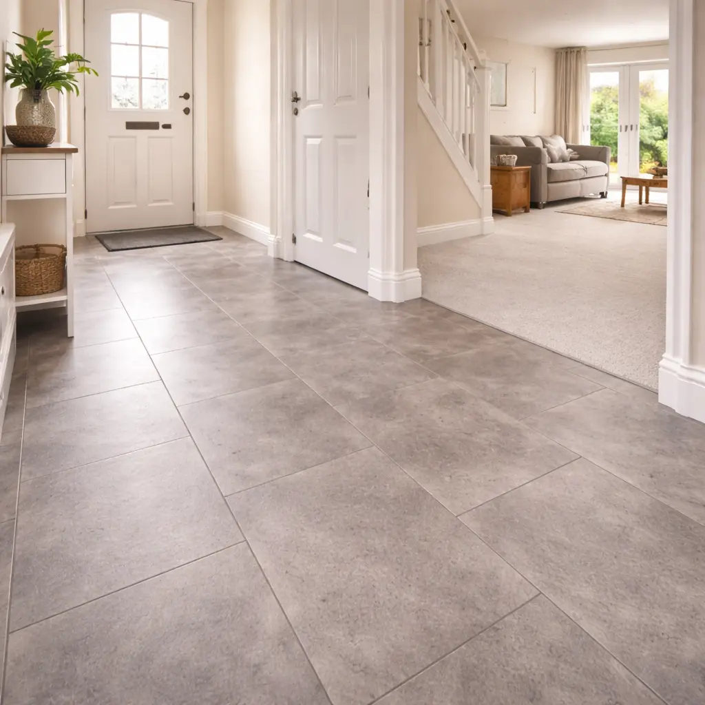Modern hallway with tiled entrance transitioning into carpeted living area in bright home interior