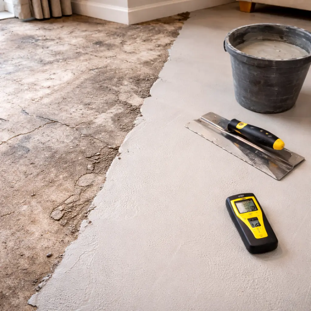 Self levelling compound applied over damaged subfloor with tools and moisture meter for preparation
