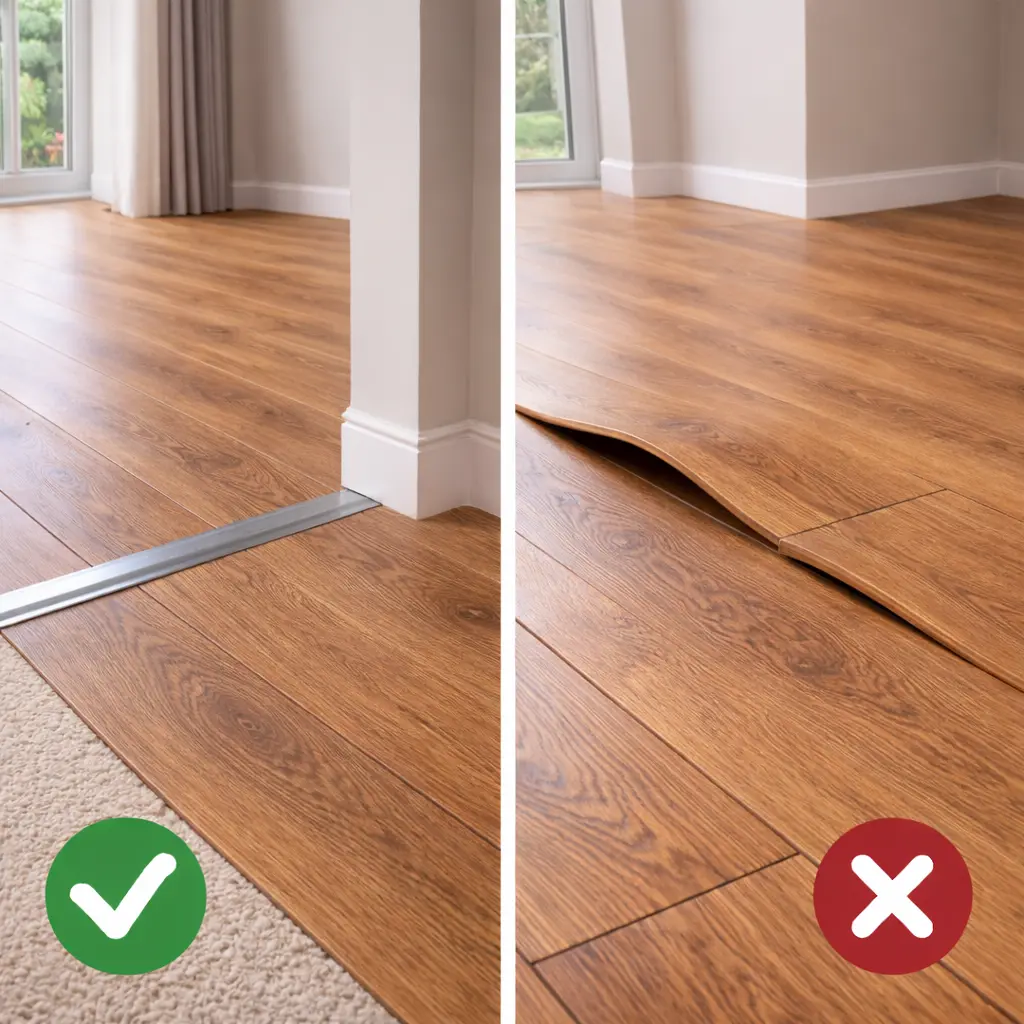 Proper laminate expansion gap with threshold versus buckled flooring caused by poor installation