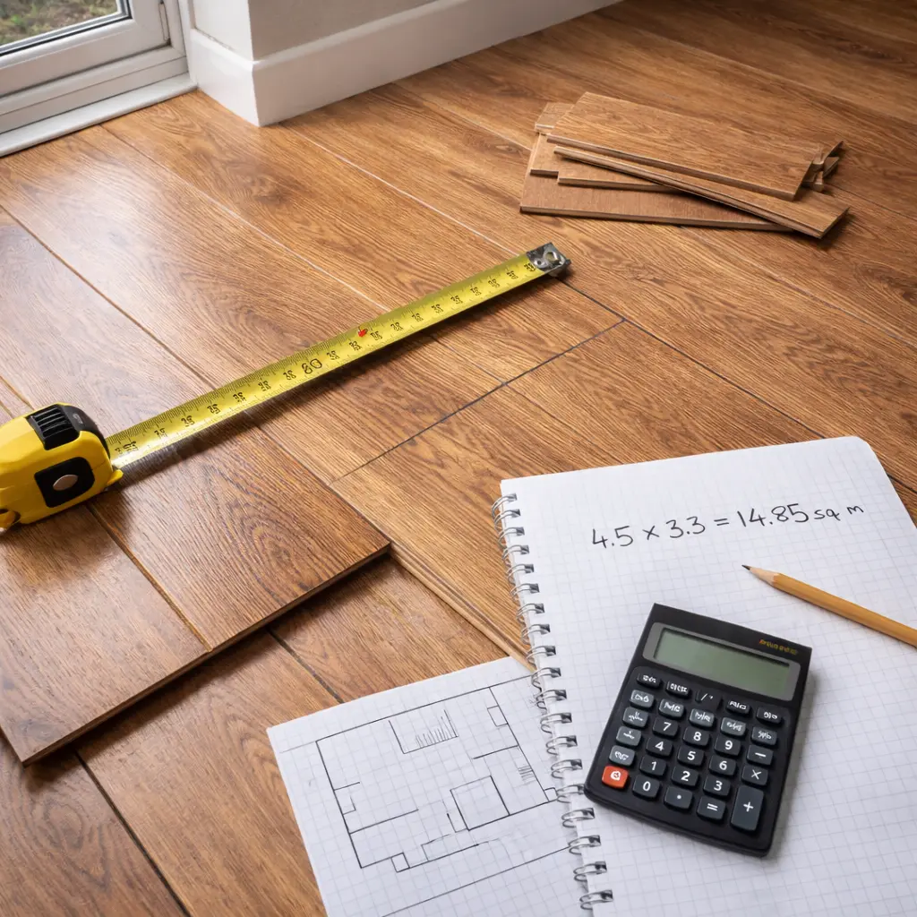 Measuring laminate flooring with tape, calculator and layout plan for accurate room coverage