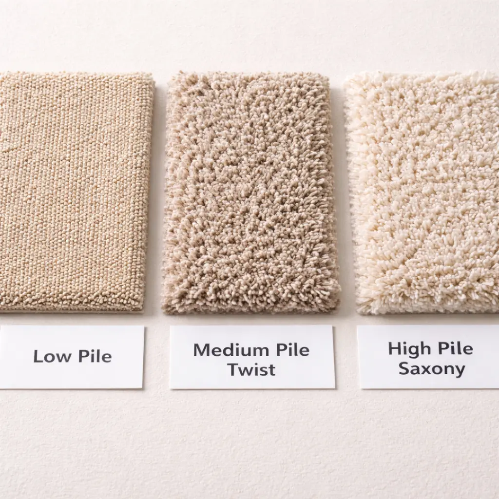 Carpet samples showing low pile, medium twist and high pile saxony textures for flooring choice