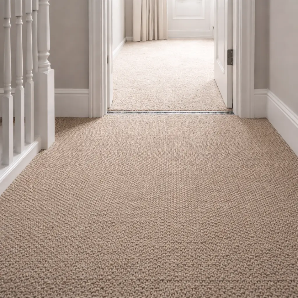 Neutral hallway carpet with low pile texture installed neatly along stairs and doorway threshold