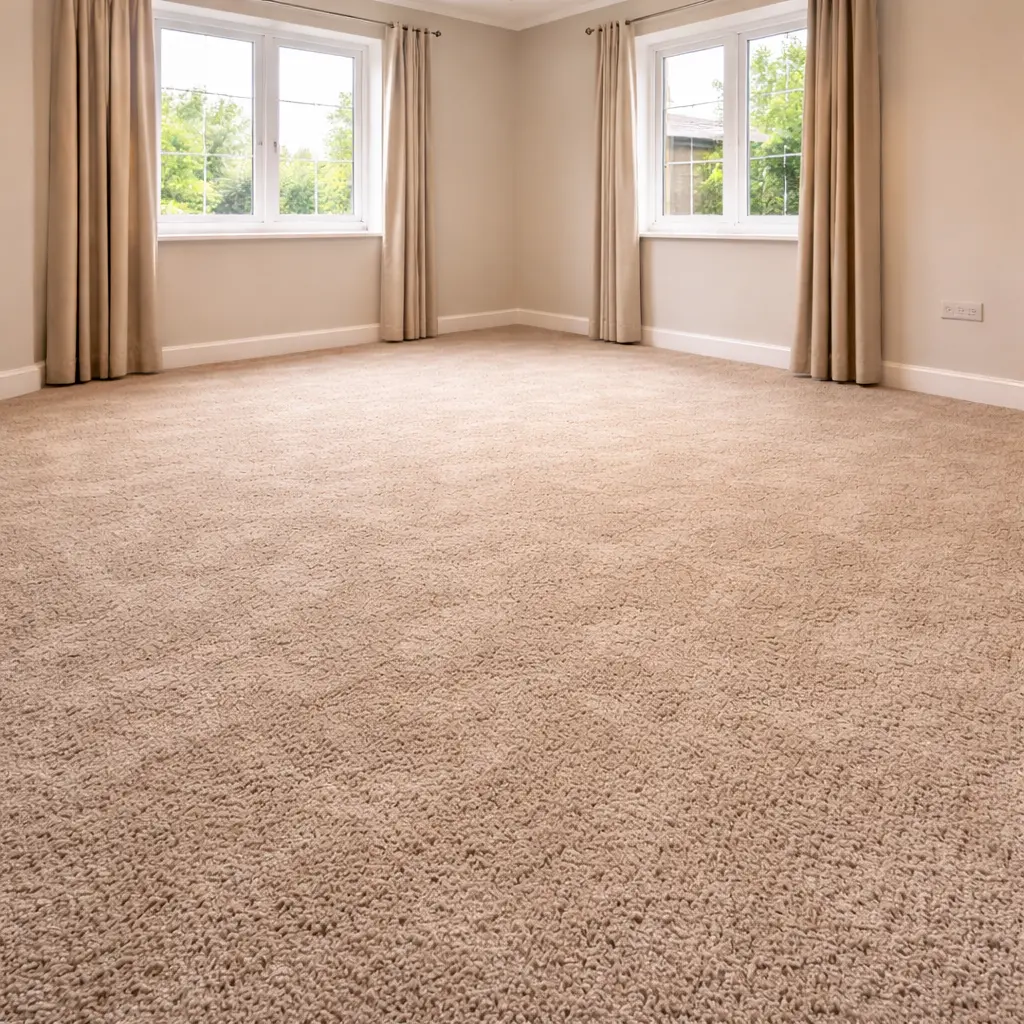 Spacious living room with soft medium pile carpet flooring and natural light from large windows