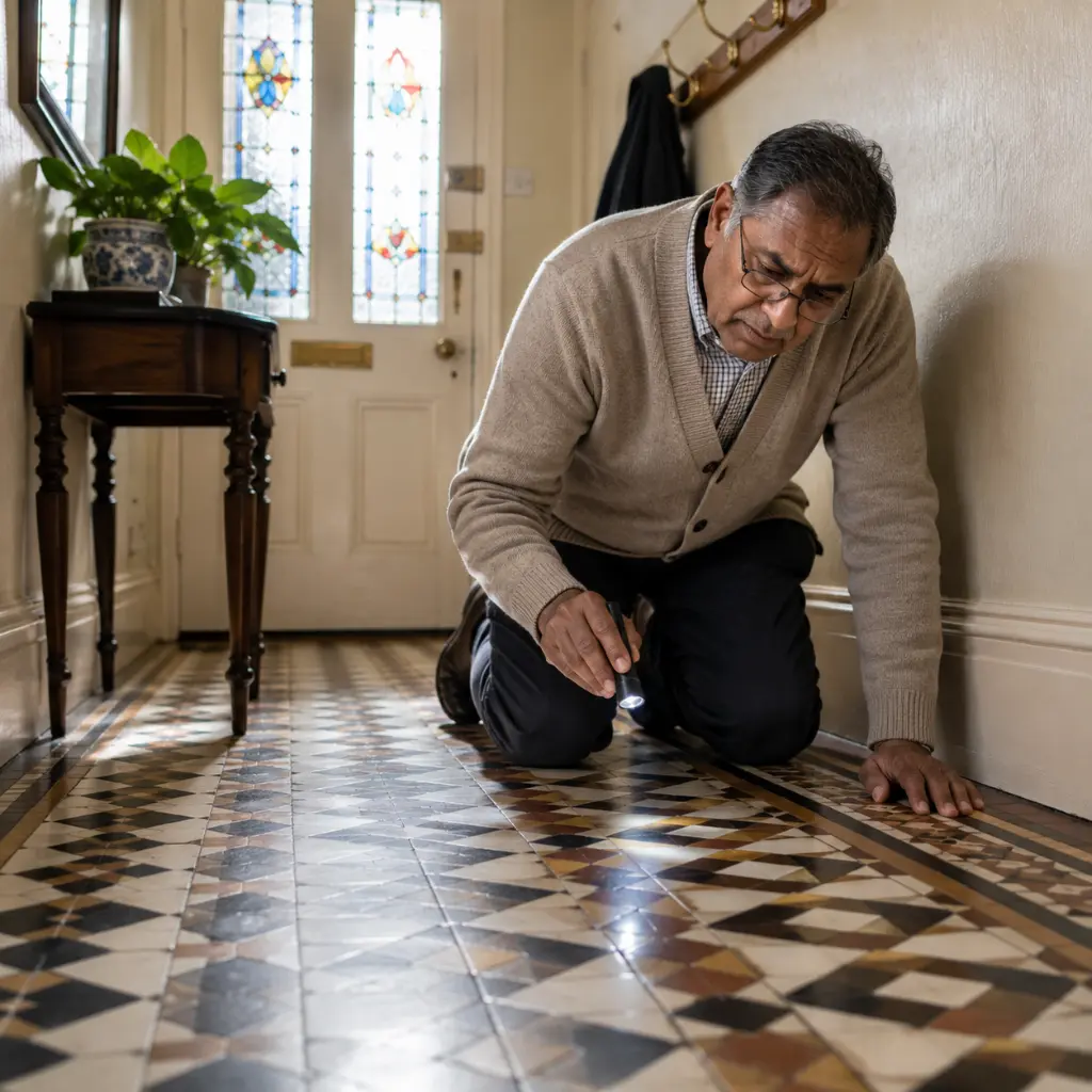 Can Flooring Gaps Be Fixed Without Replacement? 2 Man inspecting gap in Victorian tile flooring with torch