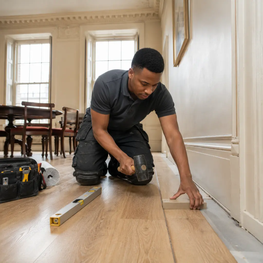 Can Flooring Gaps Be Fixed Without Replacement? 1 Installer tapping wooden flooring plank to close gap at skirting