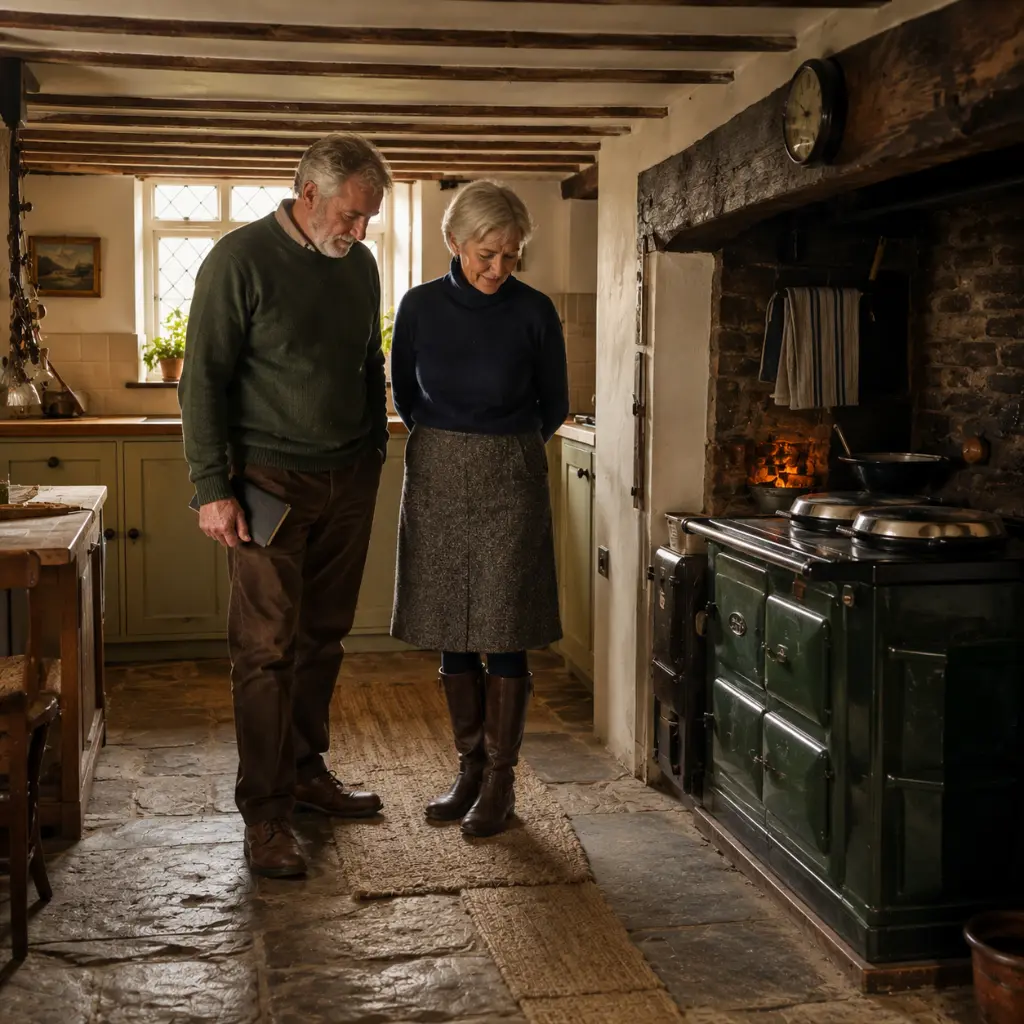 Couple inspecting original stone floor in traditional Victorian farmhouse kitchen