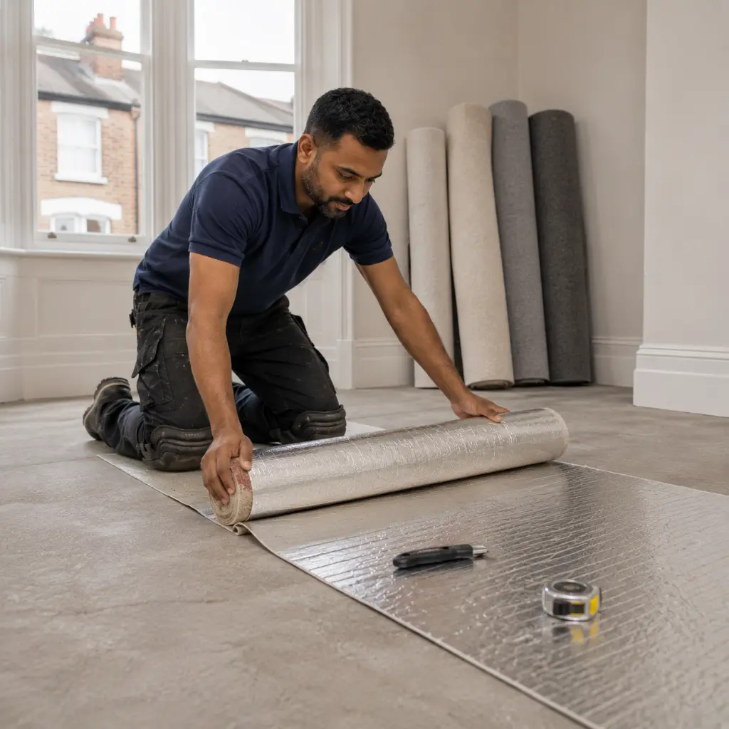 How to Reduce Heat Loss Through Your Floor 1 Installer laying thermal underlay to reduce heat loss through floor