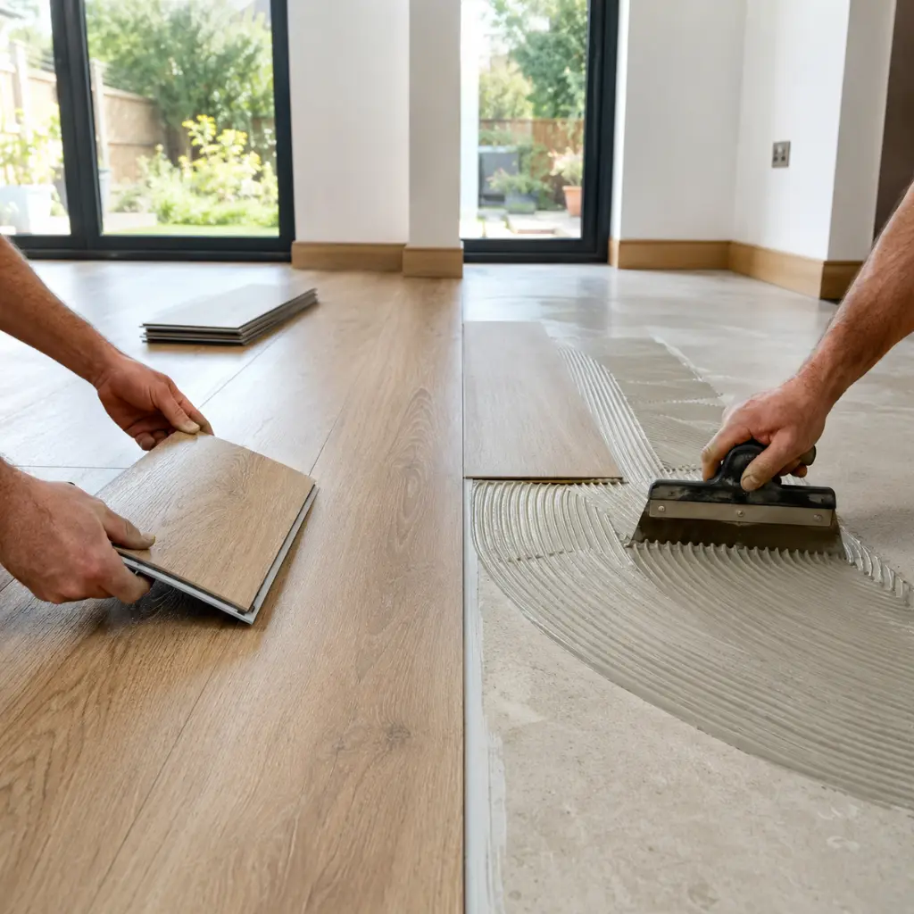 Click vs Glue-Down LVT: Which Is Best? 1 Click LVT installation compared alongside glue-down flooring using adhesive and trowel tools.