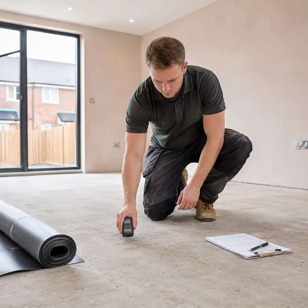 Flooring specialist testing concrete subfloor moisture before professional flooring installation begins indoors.