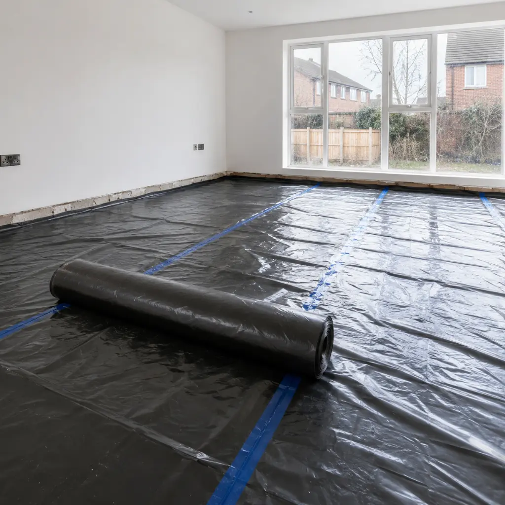 Damp proof membrane installed across concrete subfloor inside modern British home renovation.