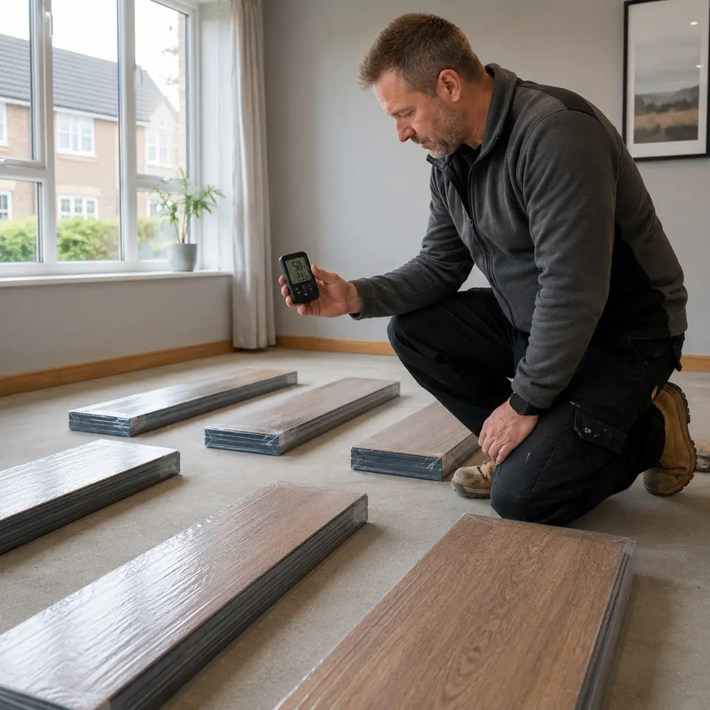 Flooring installer checking humidity beside sealed laminate flooring packs indoors