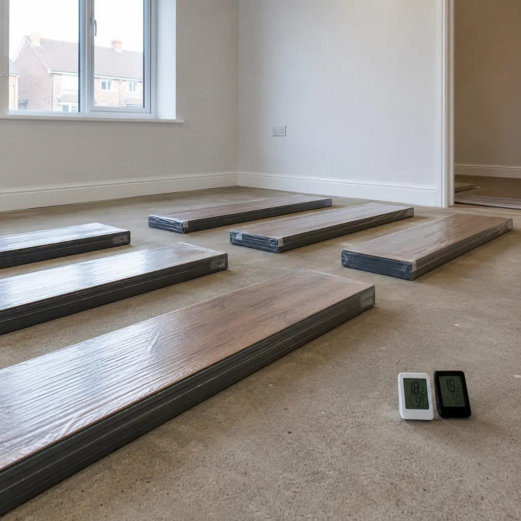 Sealed laminate flooring packs acclimating inside modern Rotherham home before installation