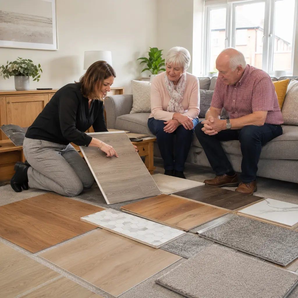 What to Expect From a Mobile Flooring Showroom Visit 1 Flooring consultant showing samples to elderly couple inside modern Rotherham family home
