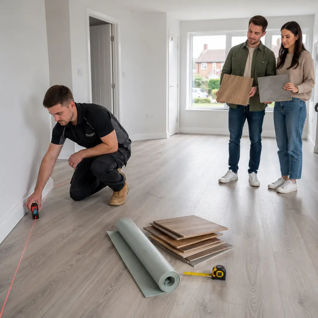 What to Expect From a Mobile Flooring Showroom Visit 2 Flooring specialist measuring room while couple compare samples before installation begins