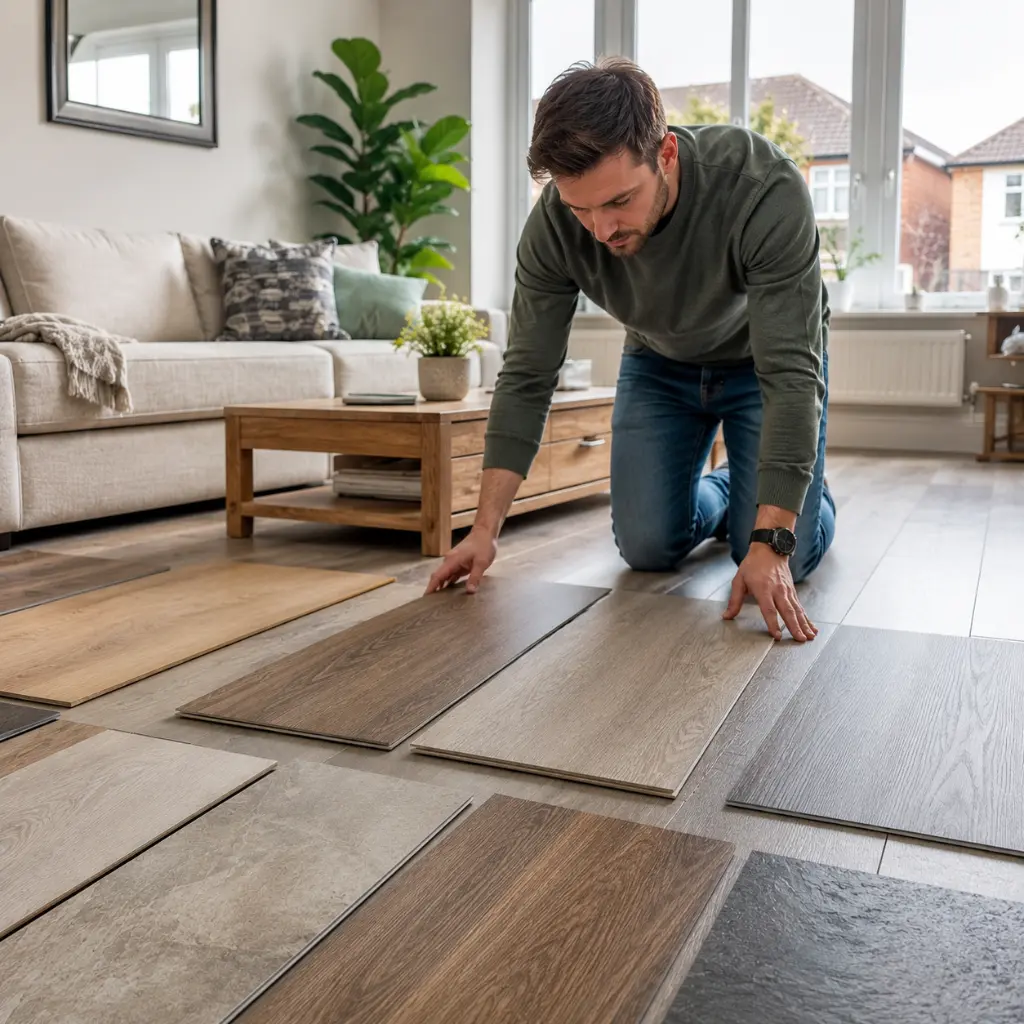 Flooring specialist comparing SPC kitchen and LVT living room flooring samples indoors.