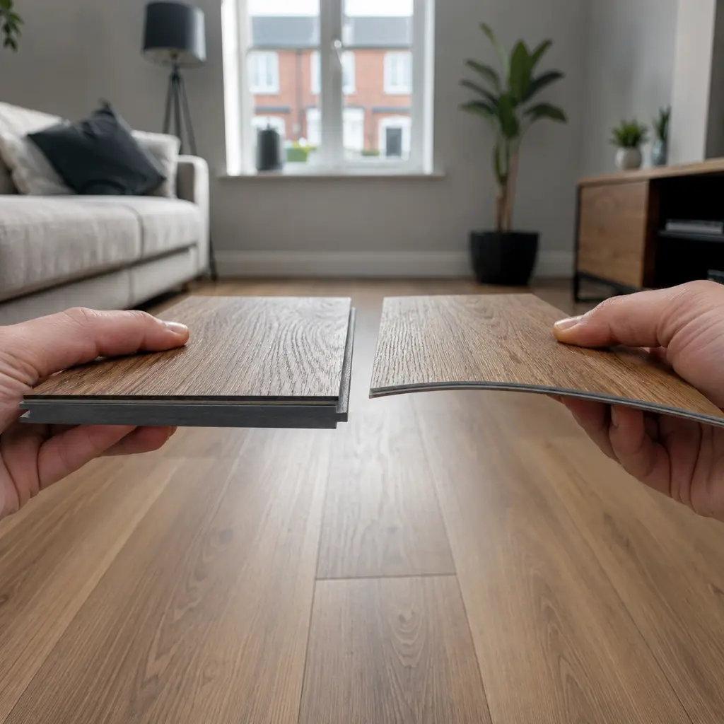 Hands comparing rigid SPC and flexible LVT flooring samples inside UK home.